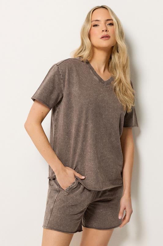 LTS Tall Set Chocolate Brown Acid Wash T-Shirt & Shorts