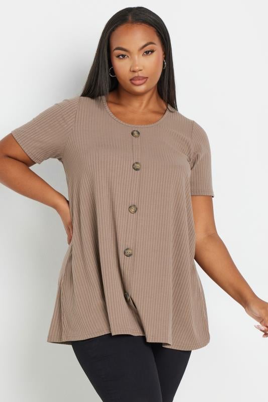 YOURS Plus Size Mocha Brown Button Front Ribbed Swing Top | Yours Clothing 1