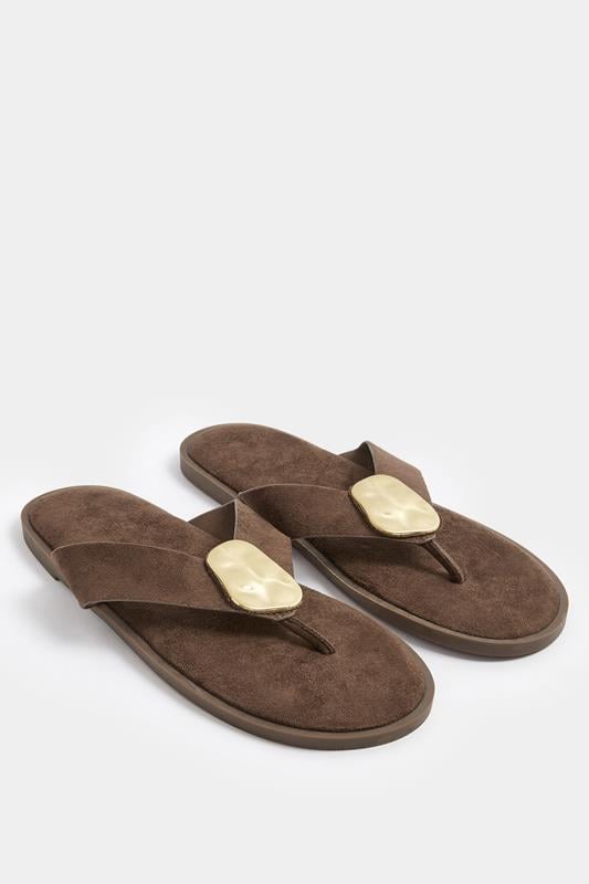  Yours Chocolate Brown Hammered Disk Sandals In Extra Wide EEE Fit