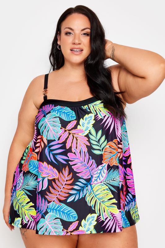 YOURS Plus Size Black Leaf Print A-Line Tankini Top | Yours Clothing 1