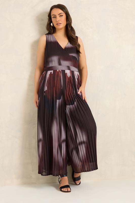  EVANS Curve Dark Red Abstract Print Pleated Jumpsuit