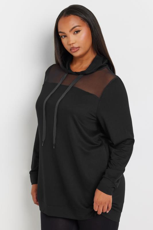 YOURS Plus Size Black Mesh Detailed Hoodie | Yours Clothing 1