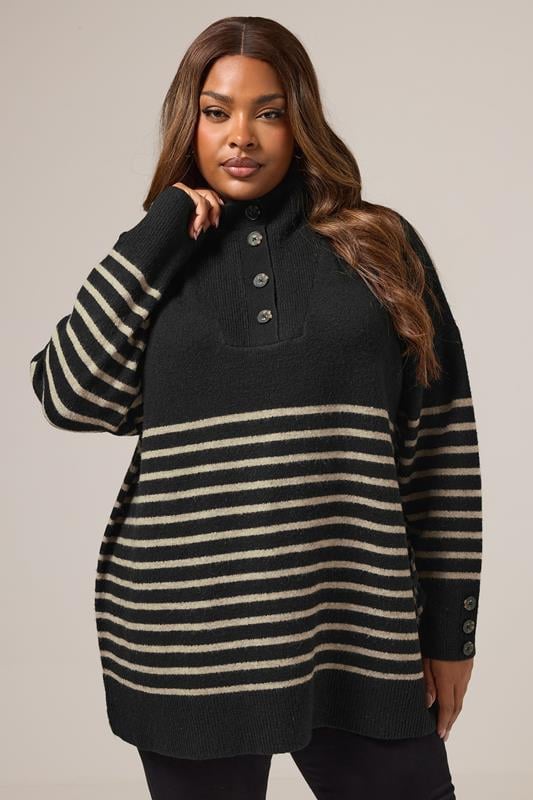 Plus Size  YOURS Curve Black & Beige Brown Striped Button Neck Jumper