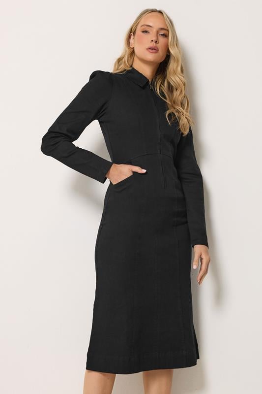 LTS Tall Women's Black Zip Collar Denim Midi Dress | Long Tall Sally 1