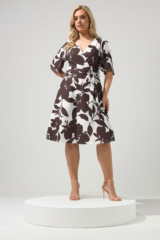 YOURS LONDON Plus Size White & Brown Floral Wrap Dress 1