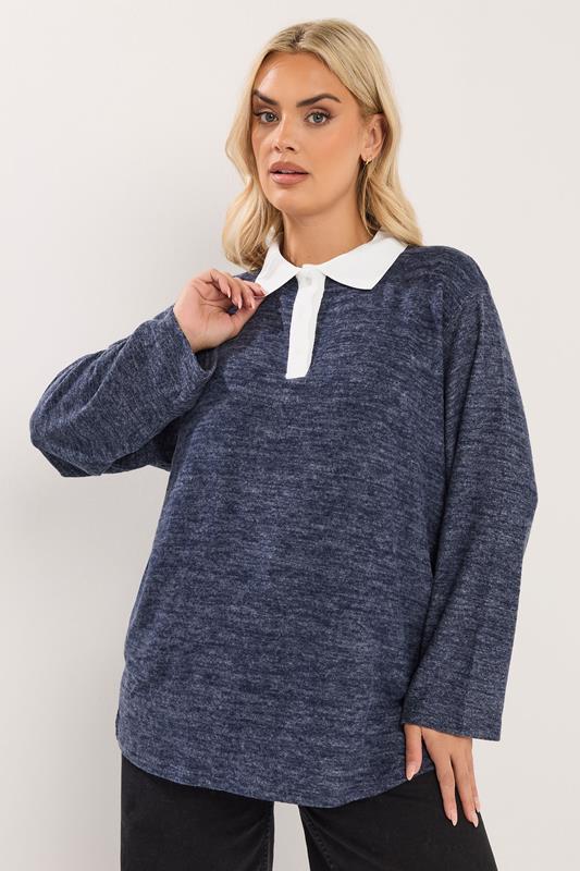Plus Size  YOURS Curve Navy Blue Rugby Collar Soft Touch Top