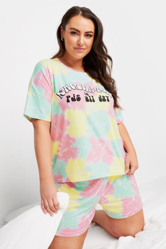 YOURS Plus Size Yellow Tie-Dye 'Namastay' Slogan Pyjama Set | Yours Clothing 1