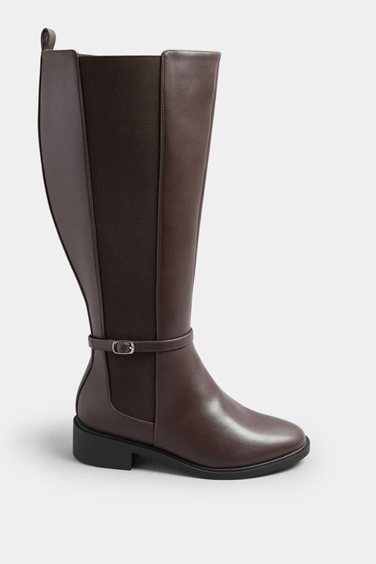 Brown Faux Leather Buckle Knee High Riding Boots In Extra Wide EEE Fit | Yours Clothing 2