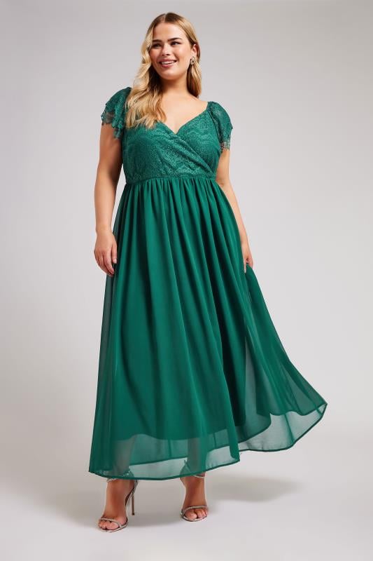 Plus Size  YOURS LONDON Curve Green Lace Wrap Maxi Dress