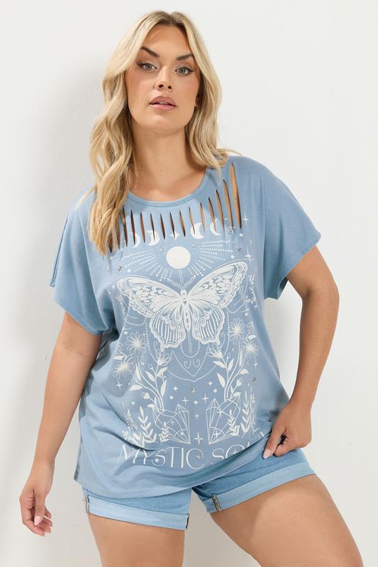  YOURS Curve Blue 'Mystic Soul' Laser Cut Slogan T-Shirt