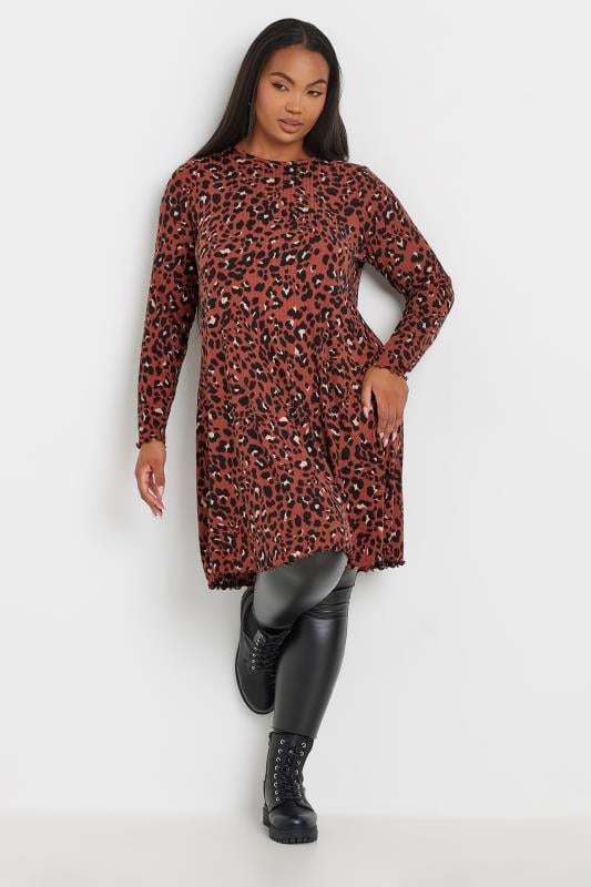 YOURS Plus Size Rust Orange Leopard Print Lettuce Edge Tunic Top | Yours Clothing 1