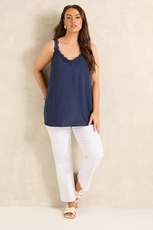 EVANS Curve Navy Blue Lace Trim Cami Vest Top | Evans 1