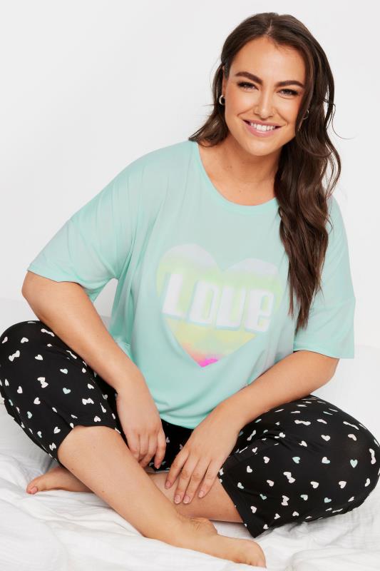 YOURS Plus Size Blue Heart Print Pyjama Set | Yours Clothing 2