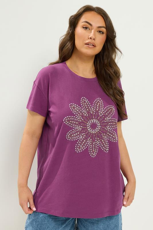 YOURS Curve Purple Beaded Daisy T-Shirt