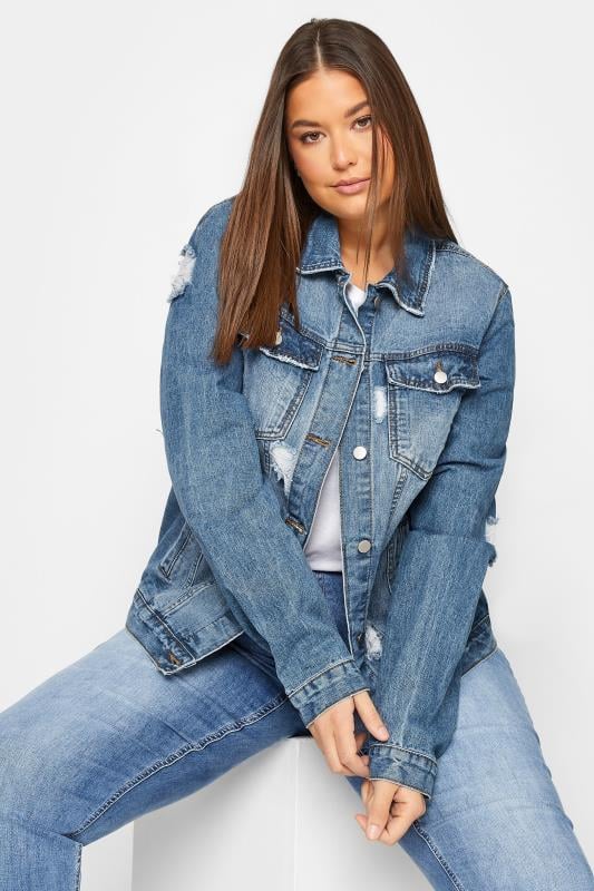 Tall Women's LTS Blue Mid Wash Distressed Denim Jacket | Long Tall Sally 1