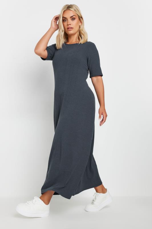 YOURS Plus Size Charcoal Grey Ribbed Maxi Dress | Yours Clothing  1