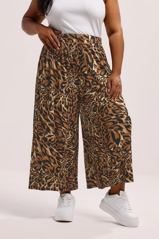 YOURS Plus Size Brown Animal Print Wide Leg Cropped Trousers | Yours Clothing 1