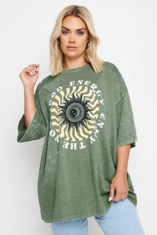 YOURS Plus Size Green 'Good Energy' Slogan Oversized T-Shirt | Yours Clothing  1