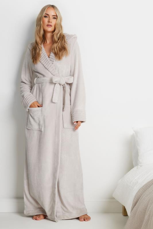 LTS Tall Stone Brown Ribbed Trim Maxi Dressing Gown | Long Tall Sally 2