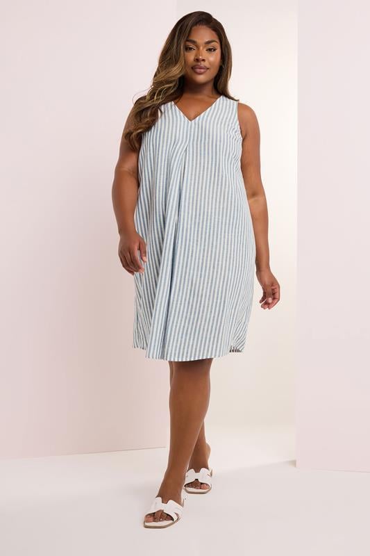 YOURS Plus Size Blue Stripe Print Pleat Front Linen Dress | Yours Clothing 3