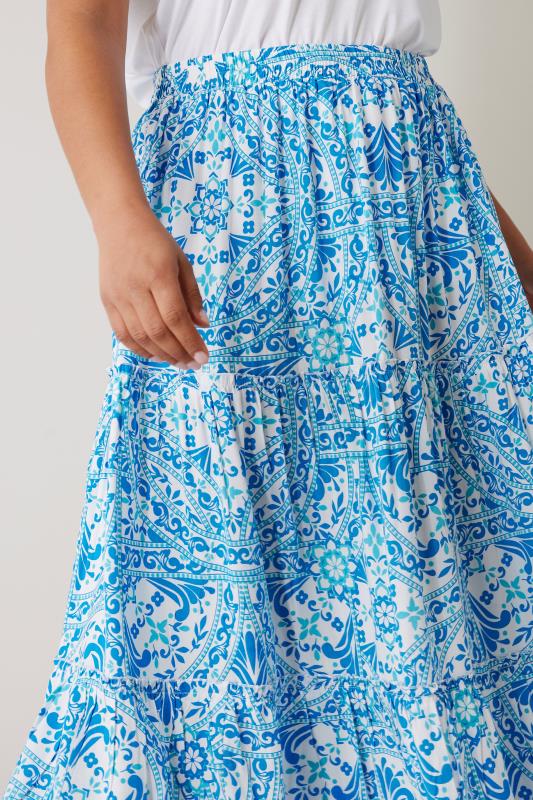 EVANS Plus Size Blue Tile Print Tiered Maxi Skirt | Evans 4
