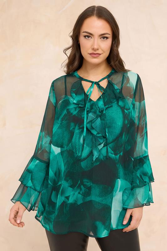 Plus Size  EVANS Curve Teal Blue Floral Print Tie Neck Blouse