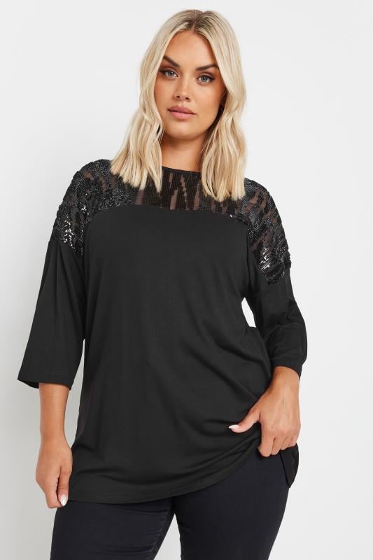 Plus Size  YOURS Curve Black Sequin Mesh Top