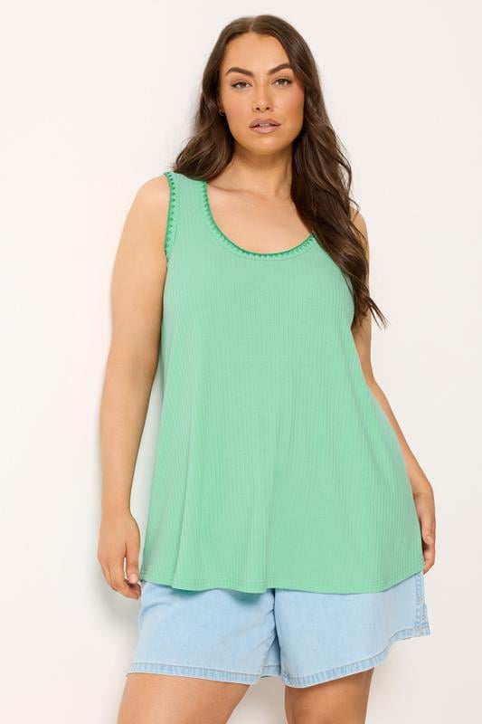 YOURS Plus Size Green Blanket Stitch Ribbed Vest Top | Yours Clothing 1
