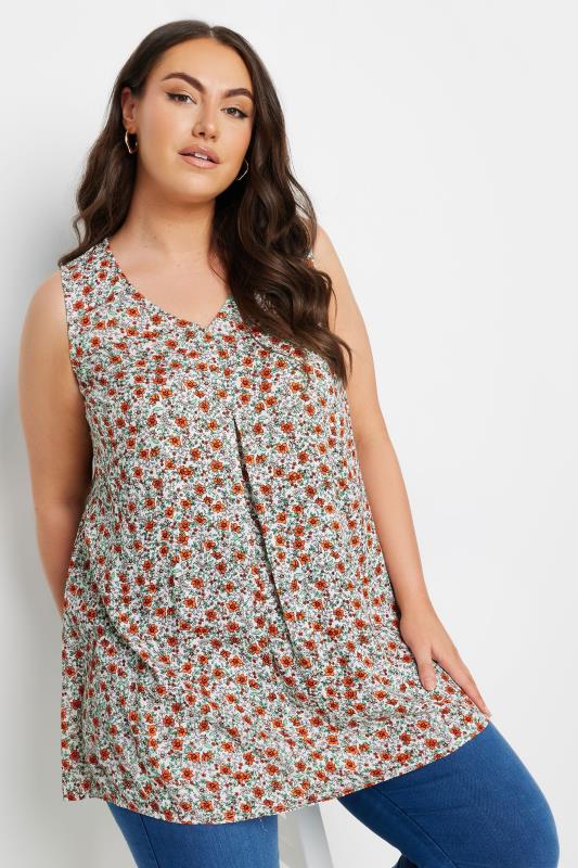 Plus Size  YOURS Curve Orange Floral Print Pleated Vest Top