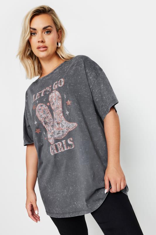 YOURS Plus Size Grey 'Let's Go Girls' Slogan Print T-Shirt | Yours Clothing 1