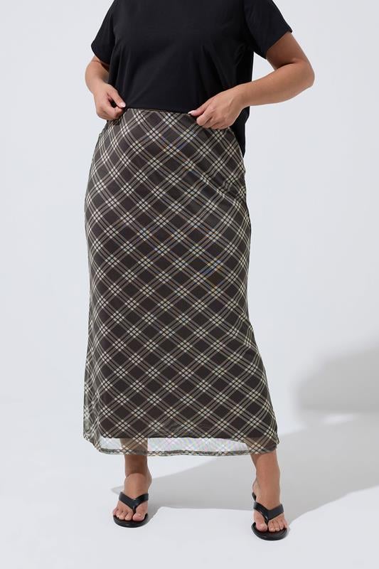 LIMITED COLLECTION Plus Size Brown Checked Mesh Skirt | Yours Clothing 2