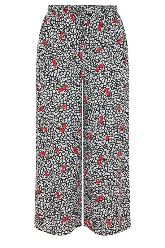 YOURS Plus Size Black Leopard & Cherry Print Crinkle Beachwear Wide Leg Trousers | Yours Clothing 5
