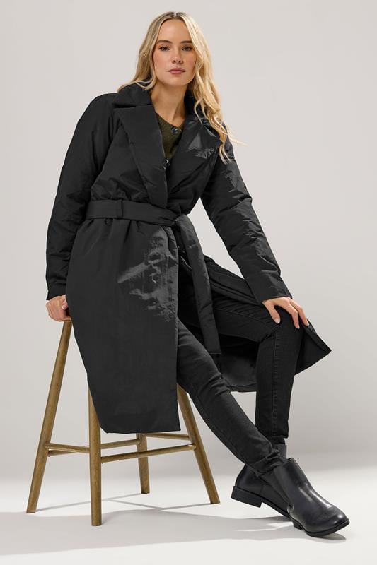 LTS Tall Black Belted Padded Midi Coat | Long Tall Sally 1