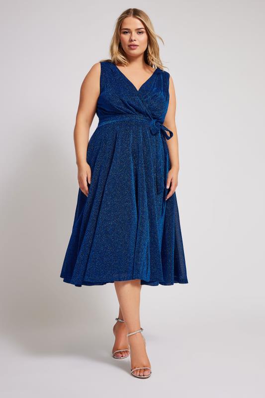 YOURS LONDON Plus Size Blue Metallic Wrap Skater Dress | Yours Clothing 3