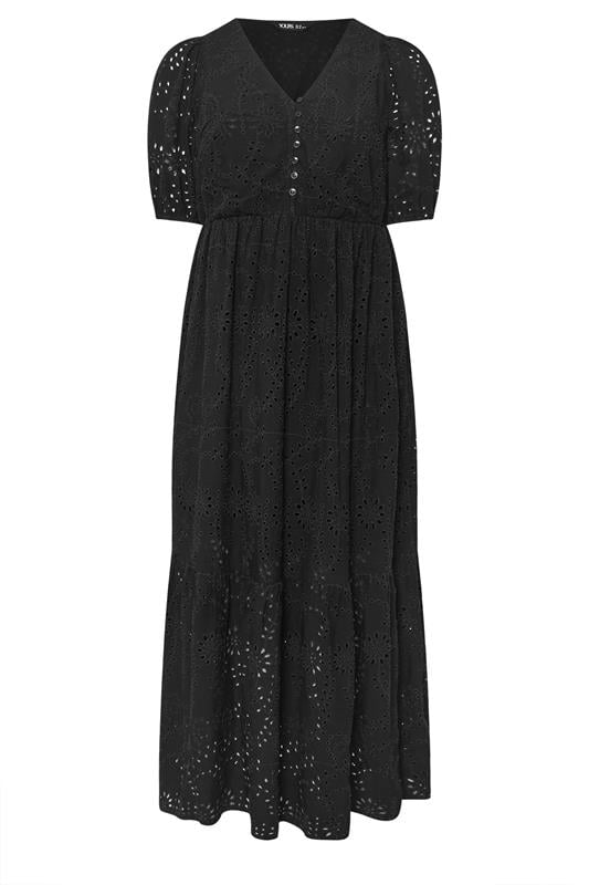 YOURS Plus Size Black Broderie Anglaise Tiered Maxi Dress | Yours Clothing 5