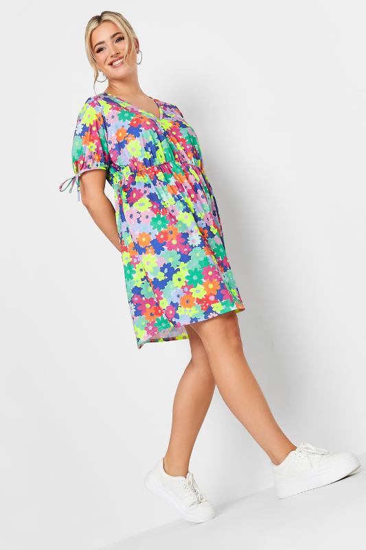 LIMITED COLLECTION Plus Size Curve Blue & Pink Ditsy Print Smock Dress | Yours Clothing  1
