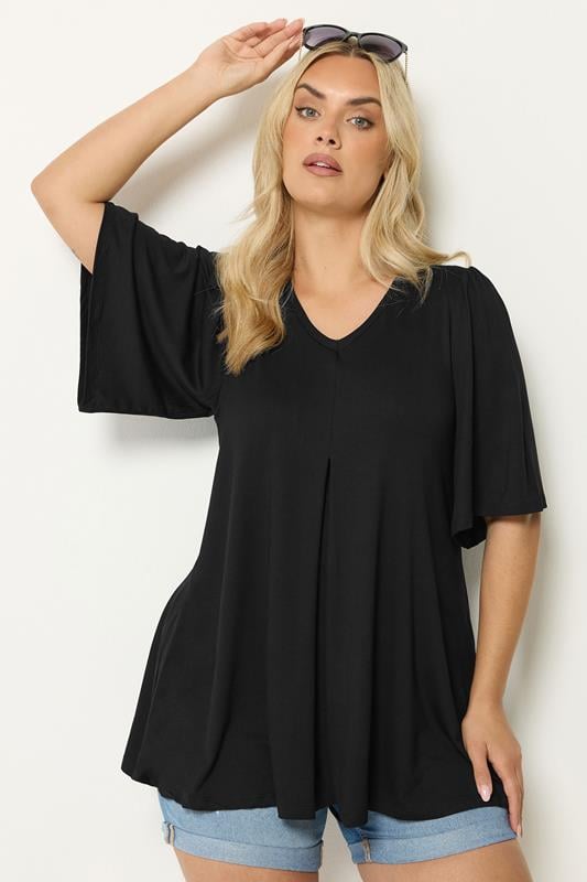 YOURS Curve Black Pleat Angel Sleeve Swing Top