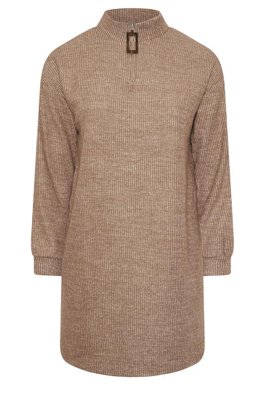 YOURS Plus Size Natural Brown Ribbed Quarter Zip Jumper Dress | Yours Clothing 5