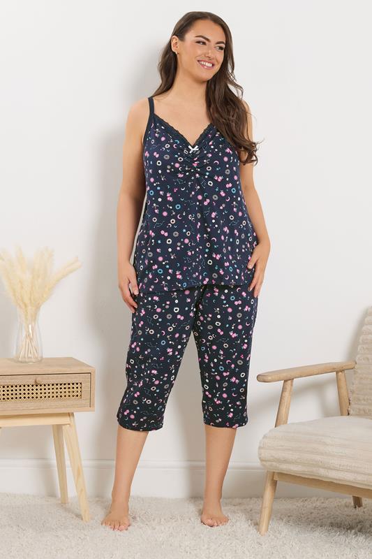YOURS Curve Navy Blue Ditsy Floral Cami Cropped Pyjama Set