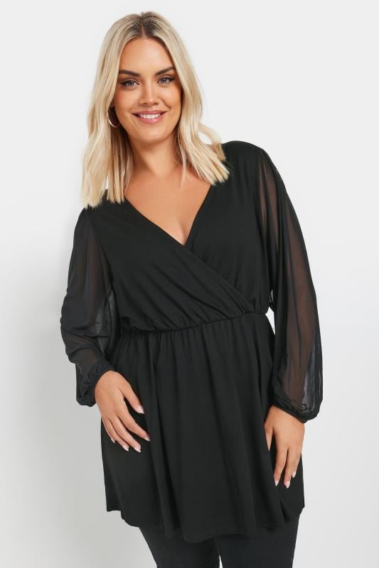 YOURS Plus Size Black Mesh Sleeve Wrap Top | Yours Clothing  1