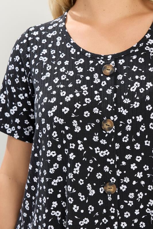 YOURS Plus Size Black & White Ditsy Floral Ribbed T-Shirt | Yours Clothing 4