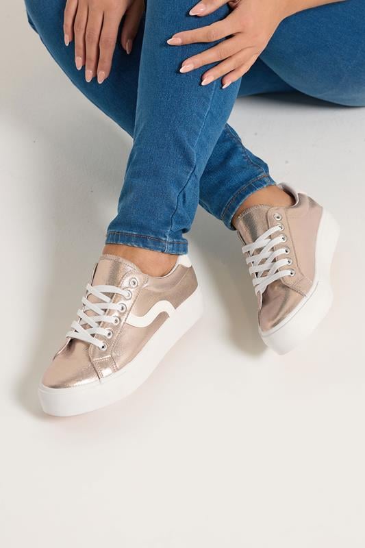  Yours Gold Faux Leather Trainers In Extra Wide EEE Fit