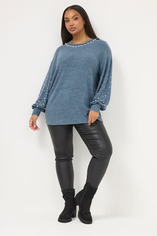 YOURS Plus Size Blue Pearl Embellished Jumper | Yours Clothing 1