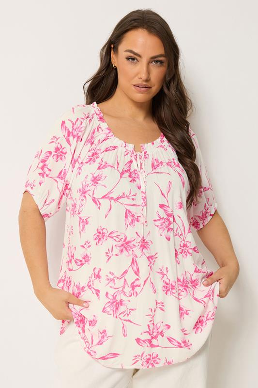 YOURS Plus Size Pink Floral Bardot Top | Yours Clothing 1