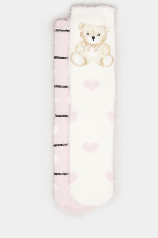  YOURSET 2 PACK Curve White & Pink Teddy Bear Fluffy Bed Socks