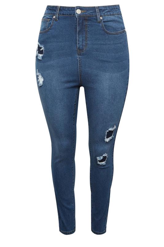 YOURS Plus Size Indigo Blue Rip & Repair Skinny Stretch AVA Jeans | Yours Clothing 7