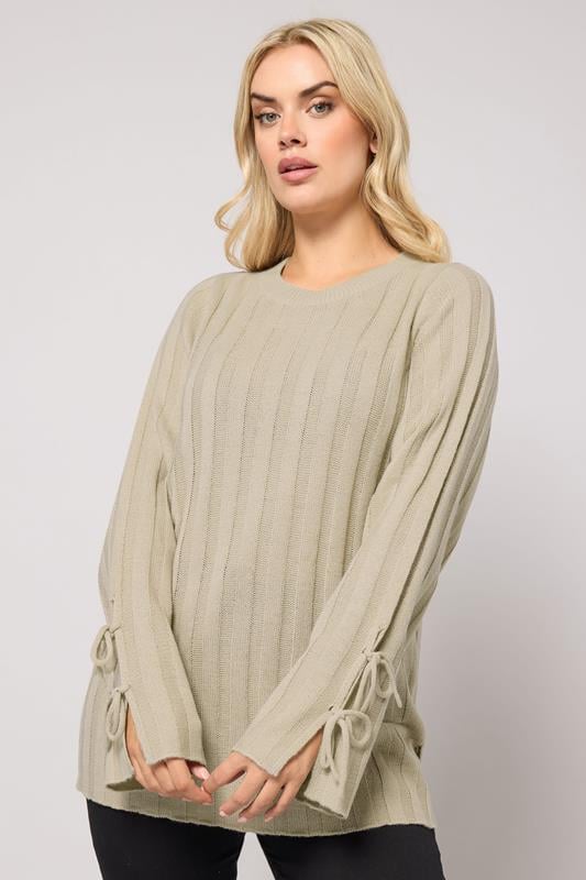 Plus Size  YOURS Curve Natural Brown Ribbed Tie Up Sleeve Jumper