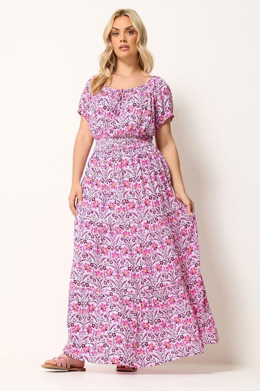  YOURS Curve Purple Floral Tie Neck Bardot Maxi Dress