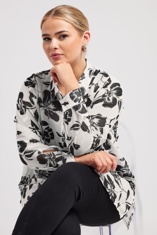 YOURS LONDON Plus Size Ivory White & Black Floral Boyfriend Shirt | Yours Clothing 1