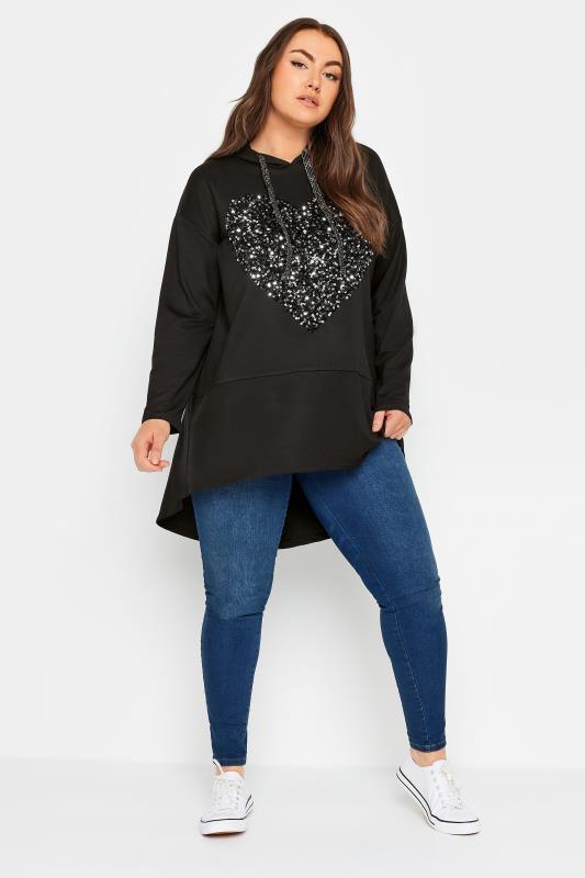 YOURS Plus Size Black Sequin Embellished Heart Longline Hoodie | Yours Clothing 2